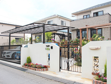 施工例 千葉県四街道市 新築外構工事 ハイクラス クローズ 駐車場 カーポート 車庫扉 門柱 門扉